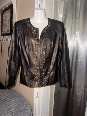 Women’s Metallic Gold & Black Faux Leather Studded and Sequin Jacket Exc Con. PL